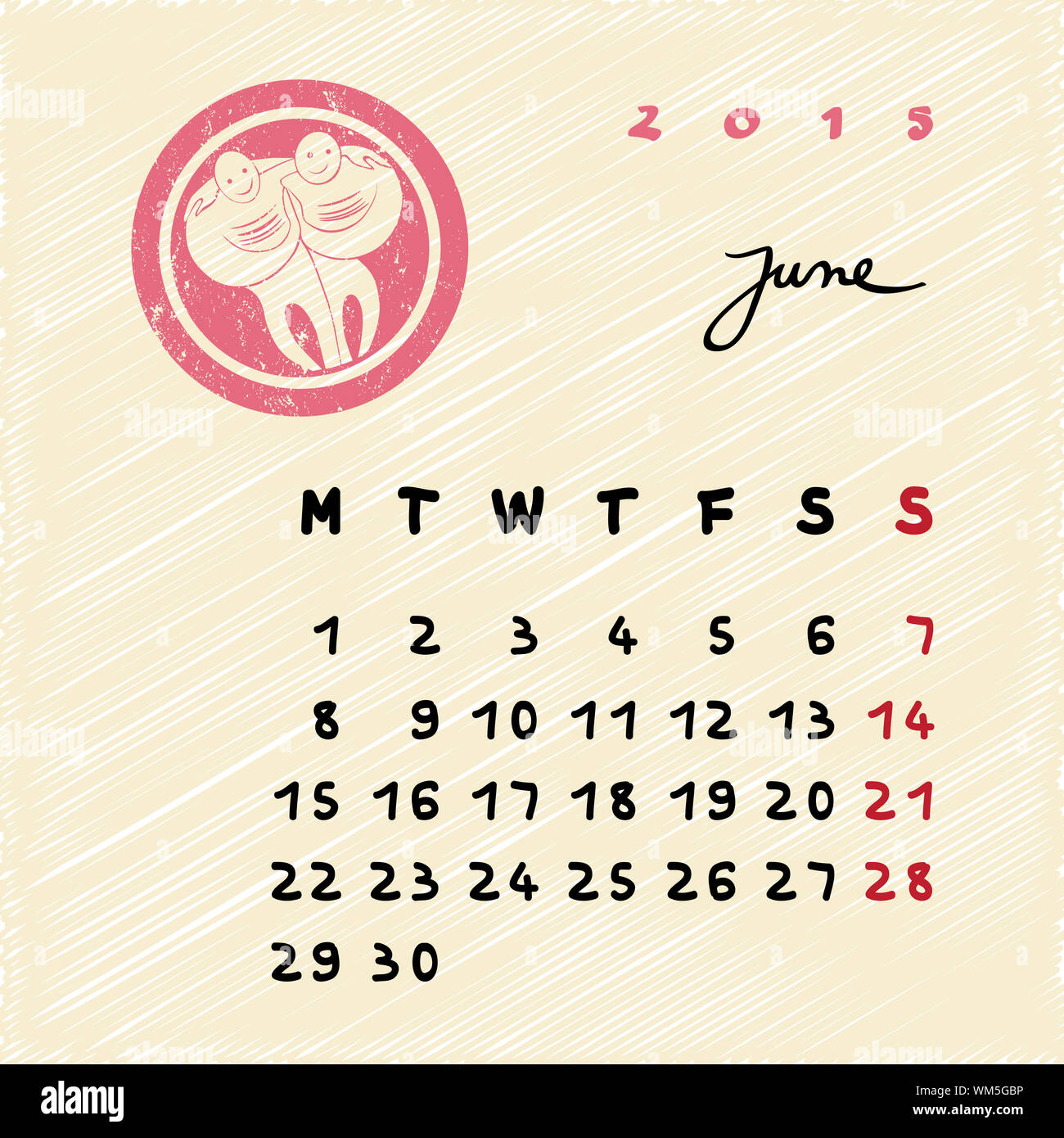 Calendar 15 Page Illustration With Zodiac Sign Of Gemini As Grungy Stamp Over A Colored Scribble Background June Stock Photo Alamy