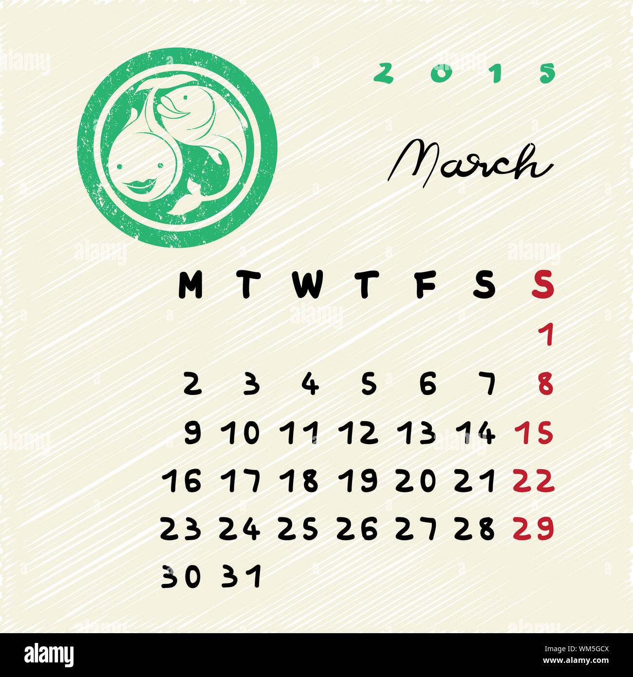 Calendar 15 Page Illustration With Zodiac Sign Of Pisces As Grungy Stamp Over A Colored Scribble Background March Stock Photo Alamy