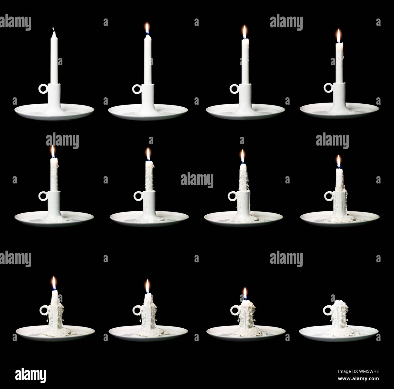 Candle burning down in 12 steps against a black background Stock Photo