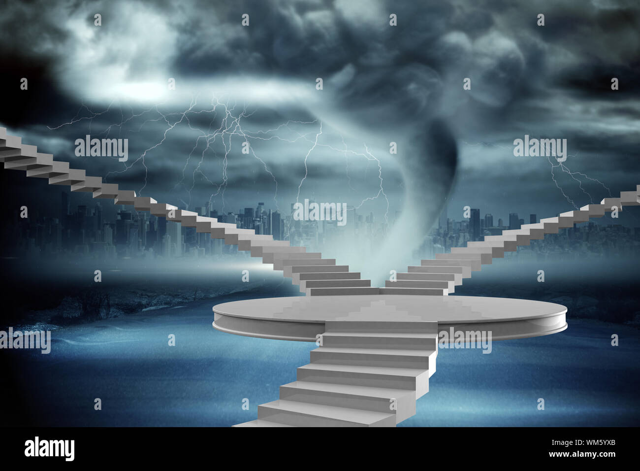 Winding stairs against stormy sky with tornado over road Stock Photo ...