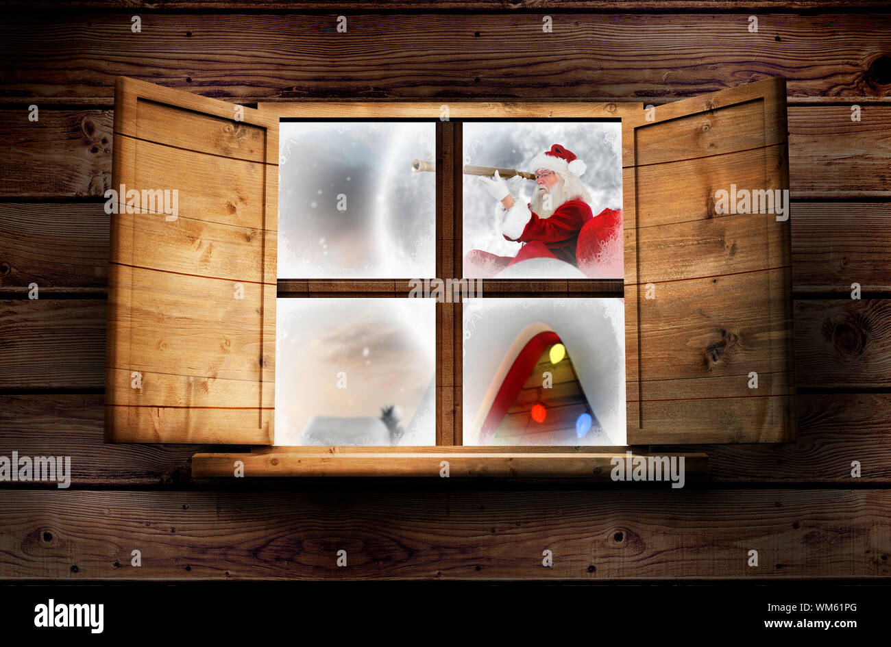 Real Santa Window Santa delivery presents to village against window in wooden room Stock ...