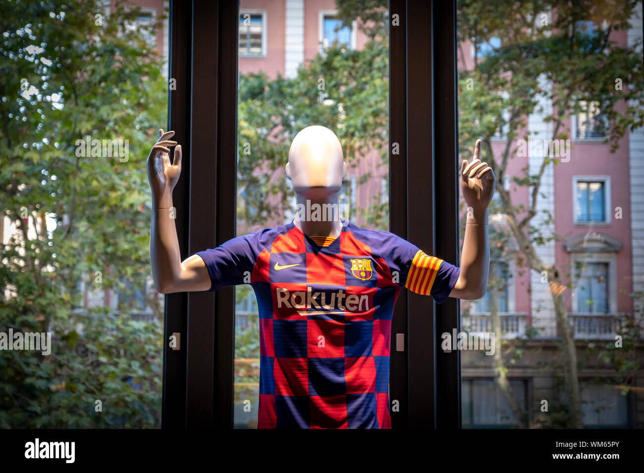 Barcelona, Spain. 04th Sep, 2019. A mannequin, recreating one of the famous gestures of Lionel Messi, in the noble hall of the new club shop.The FC Barcelona football club opens a new store in the heart of the Ramblas of Barcelona. Located at number 124, it has 1,900m2 and is the fifth store managed 100% by the FC Barcelona. Interior design has been done by designer and design theorist Juli Capella. Credit: SOPA Images Limited/Alamy Live News Stock Photo