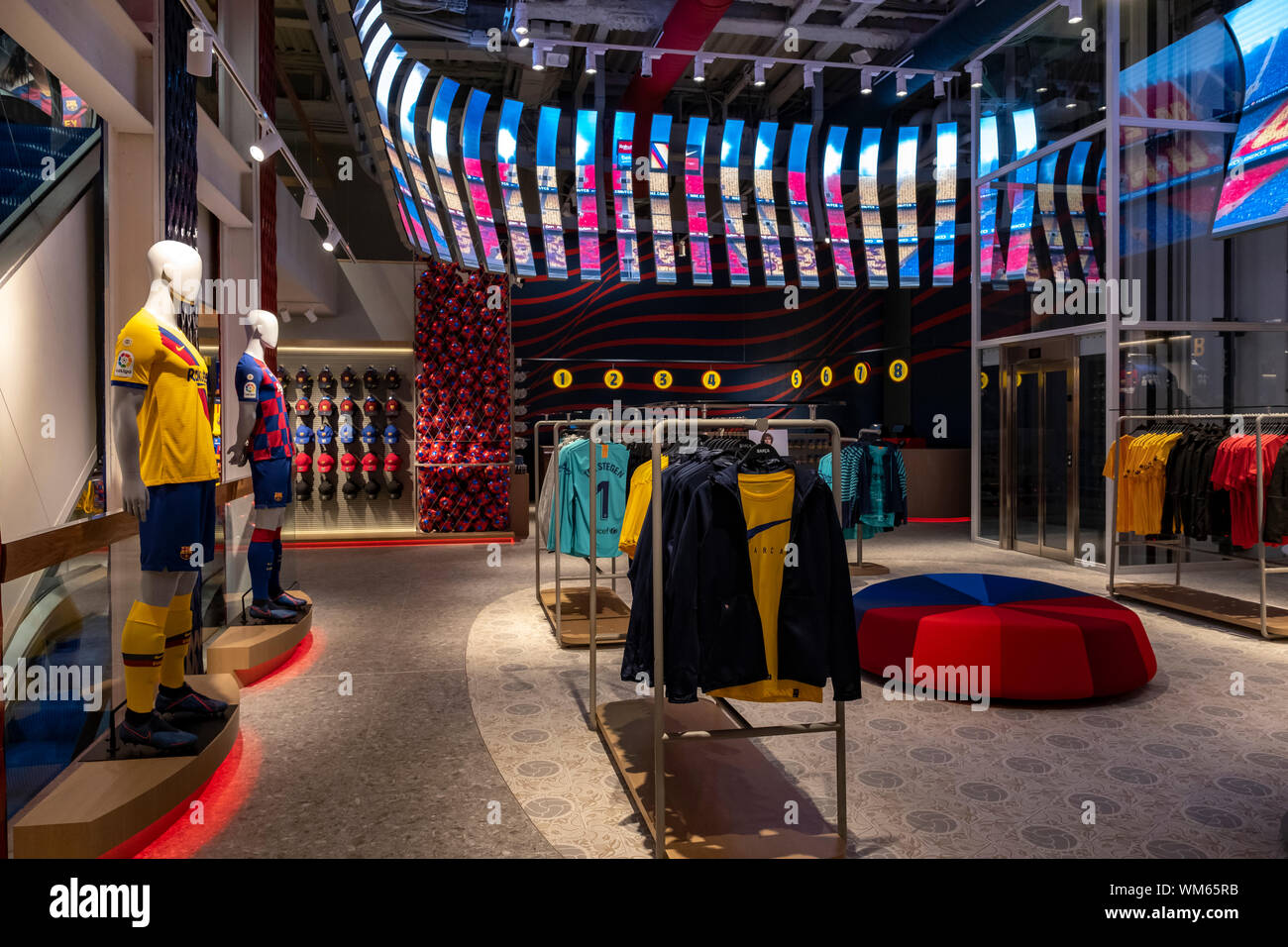 Barcelona, 04th Sep, 2019. General view of interior of the FC Barcelona store the panoramic screen.The FC Barcelona football club opens a new store in the heart of the