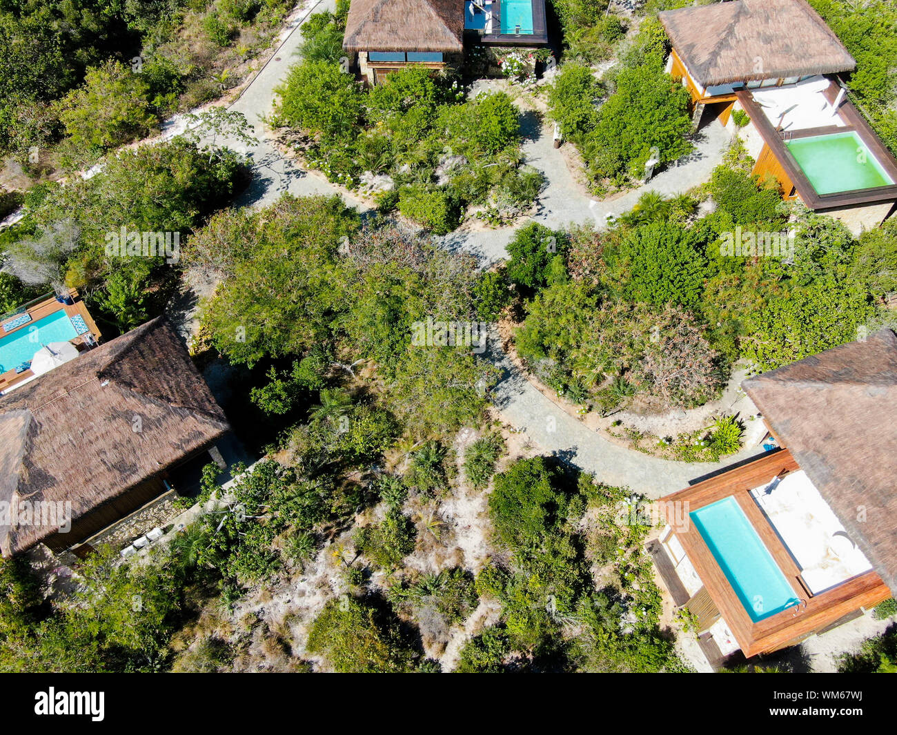Aerial view of luxury villa with swimming pool in tropical forest ...