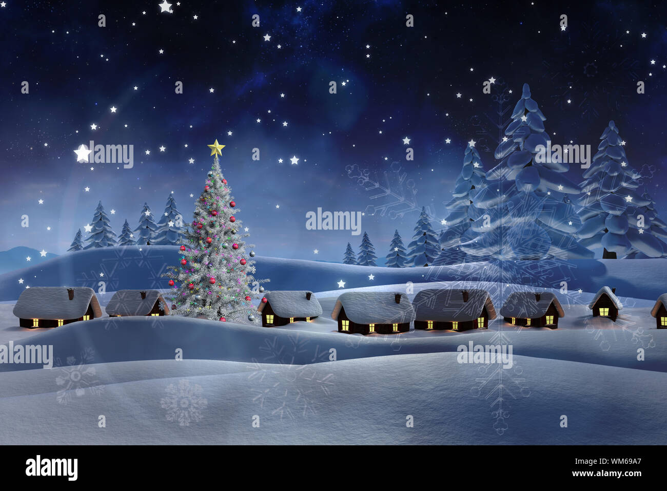 Snow covered village against snowy landscape with fir trees Stock Photo ...