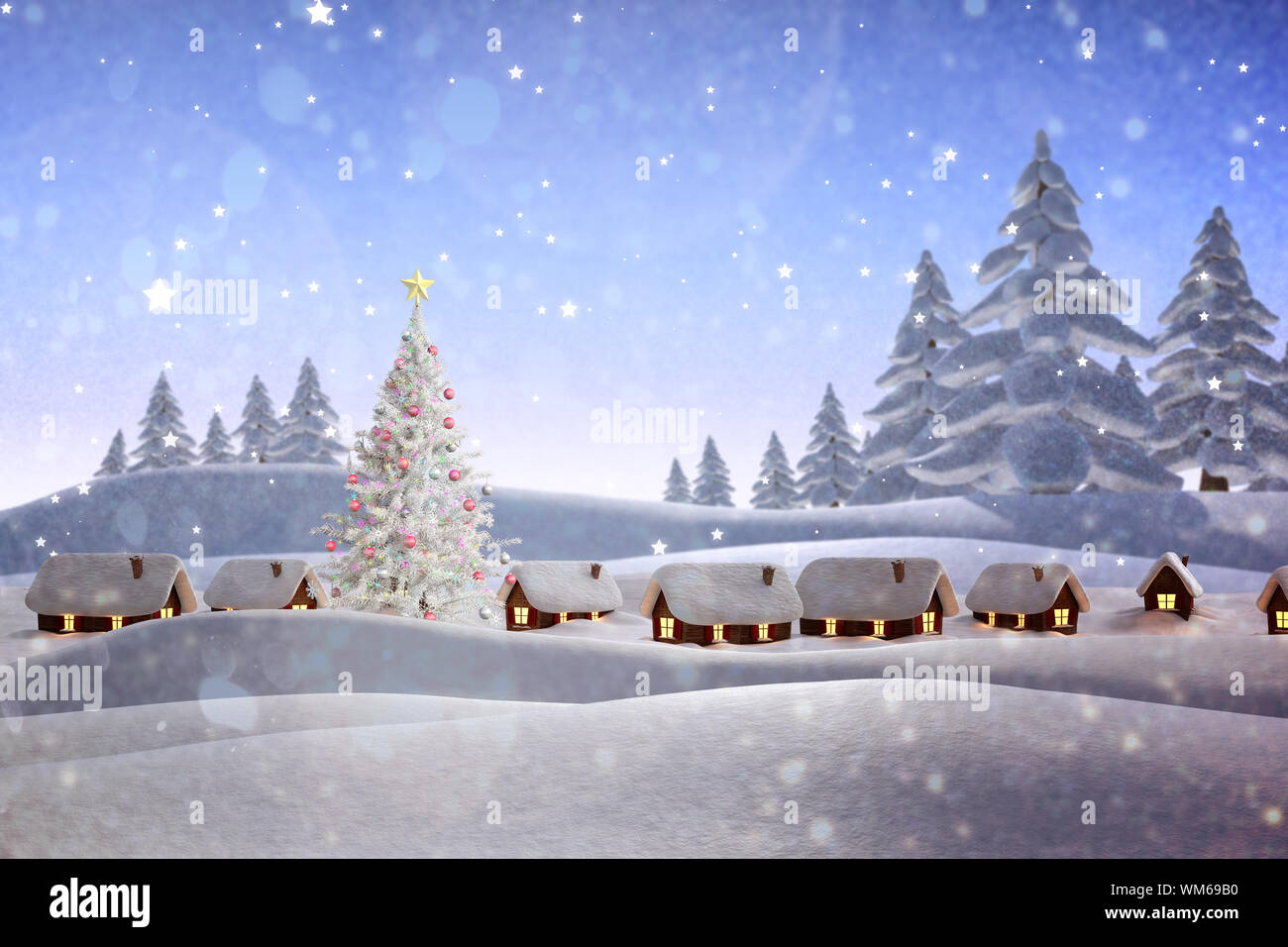 Snow covered village against snowy landscape with fir trees Stock Photo ...