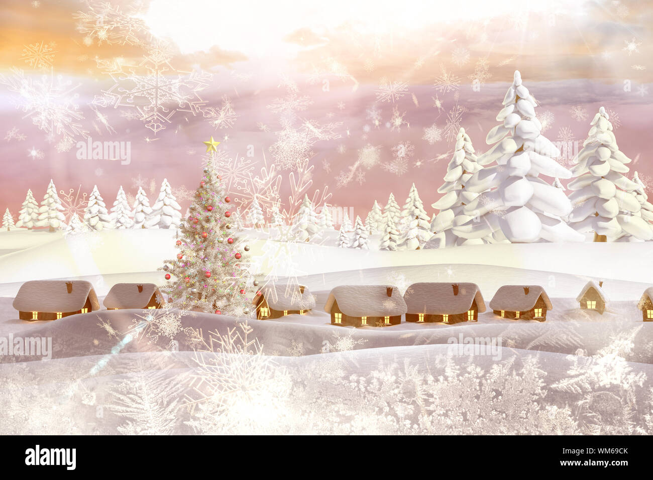 Snow covered village against snowy landscape with fir trees Stock Photo ...