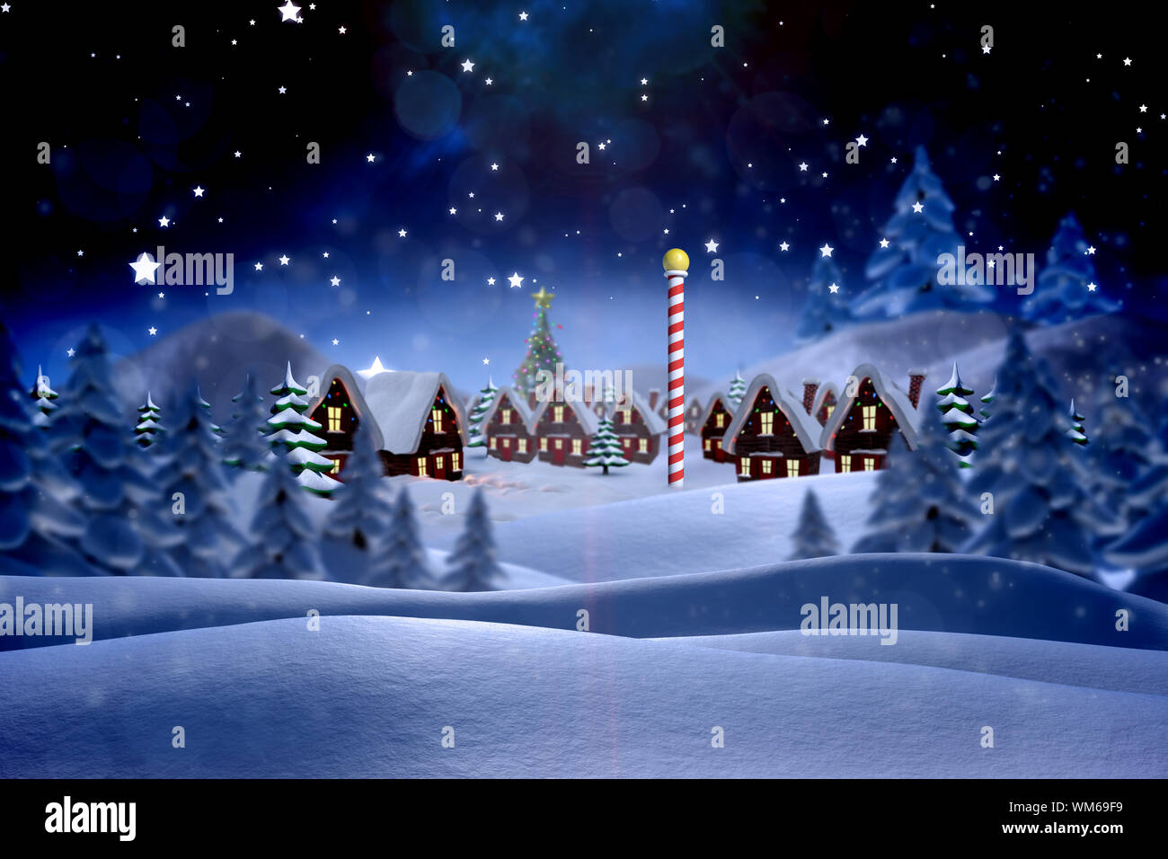 Cute christmas village against snowy landscape with fir trees Stock