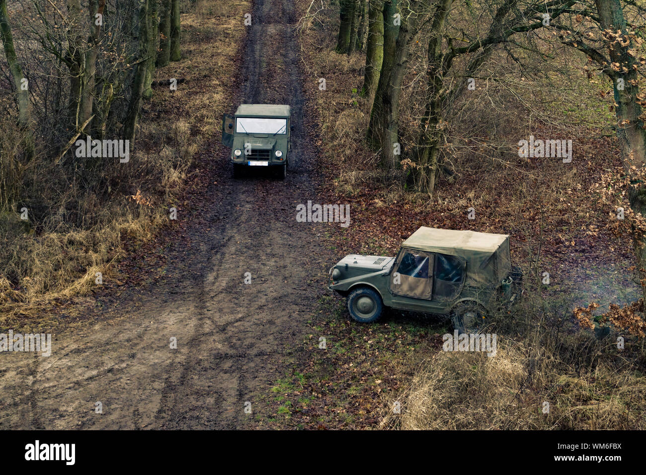 High Angle View Of Off-road Vehicles In Forest Stock Photo