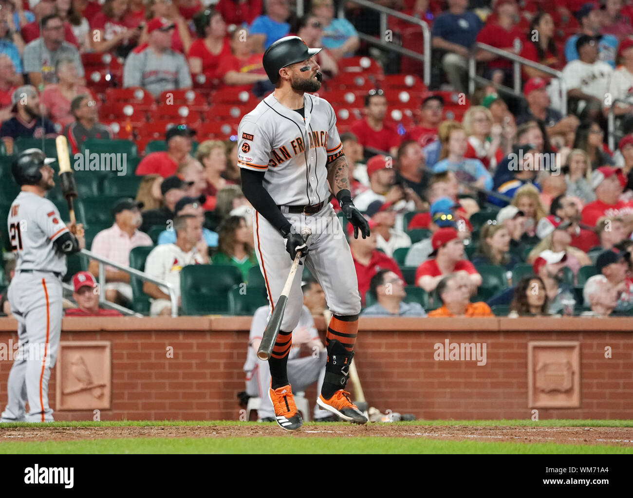 St. Louis, United States. 04th Sep, 2019. San Francisco Giants Kevin Pillar watches as his two run home run leaves the park in the eight inning against the St. Louis Cardinals at Busch Stadium in St. Louis on Wednesday, September 4, 2019. Photo by Bill Greenblatt/UPI Credit: UPI/Alamy Live News Stock Photo
