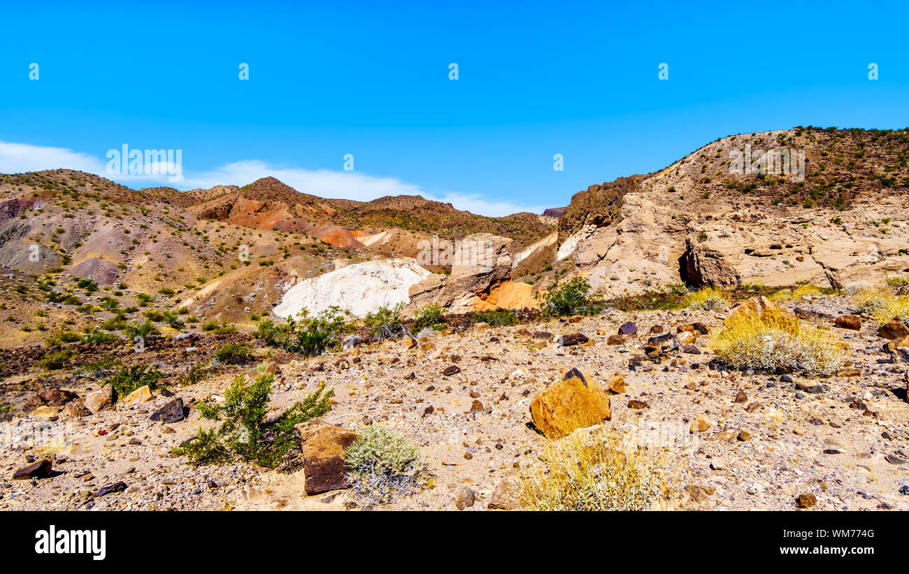 Colorful Mountains along Northshore Road SR167 in Lake Mead National Recreation Area in semi desert landscape between Boulder City and Overton, NV, US Stock Photo