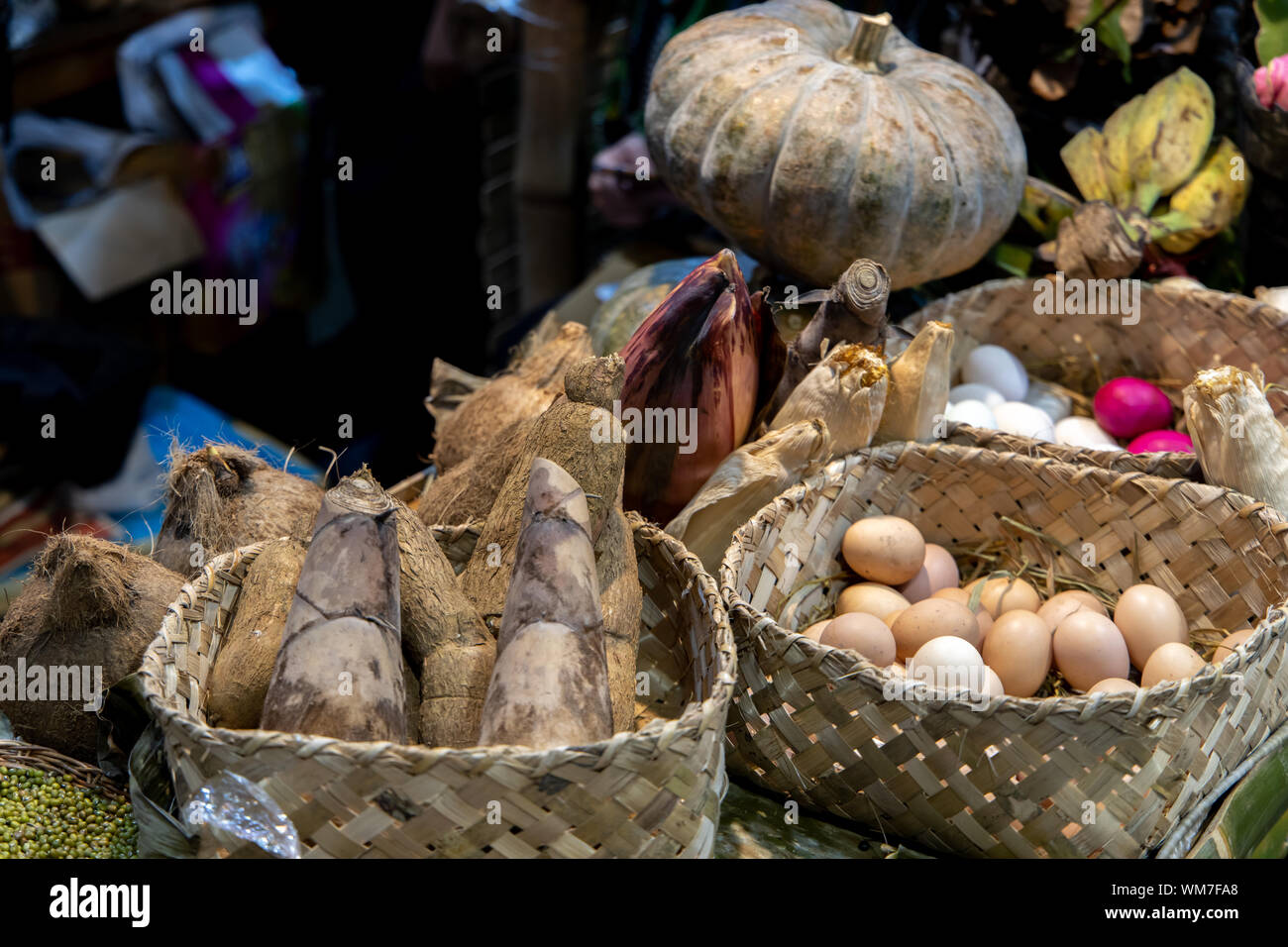 eggs, heart of banana, pumpkin and sweet potato in the basket