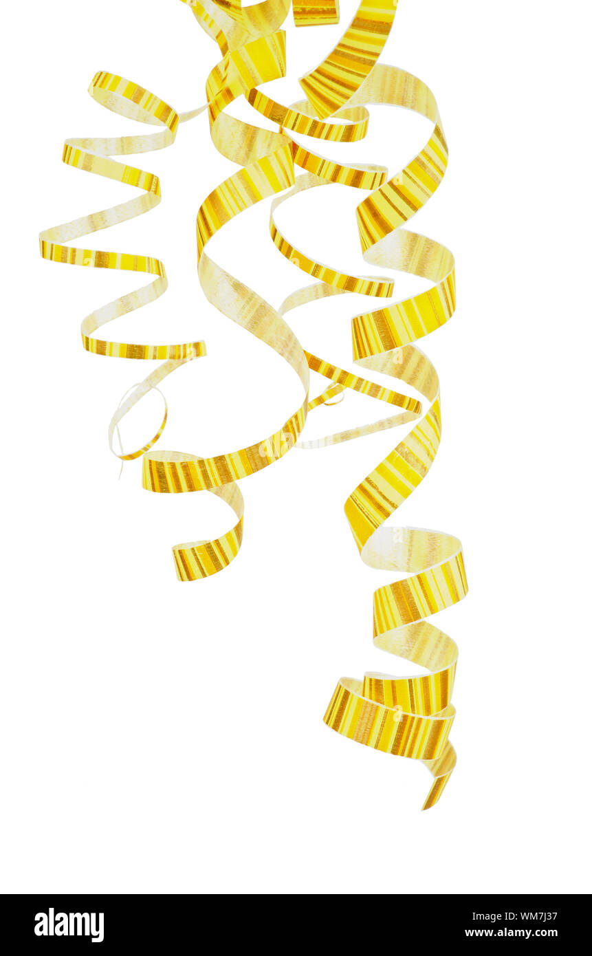 Heap of Striped Yellow Curly Hanging Down Party Streamers isolated on