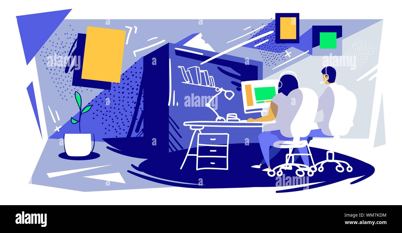 man woman call center operators team with headset sitting at workplace desk couple using computer customer support communication concept modern office Stock Vector