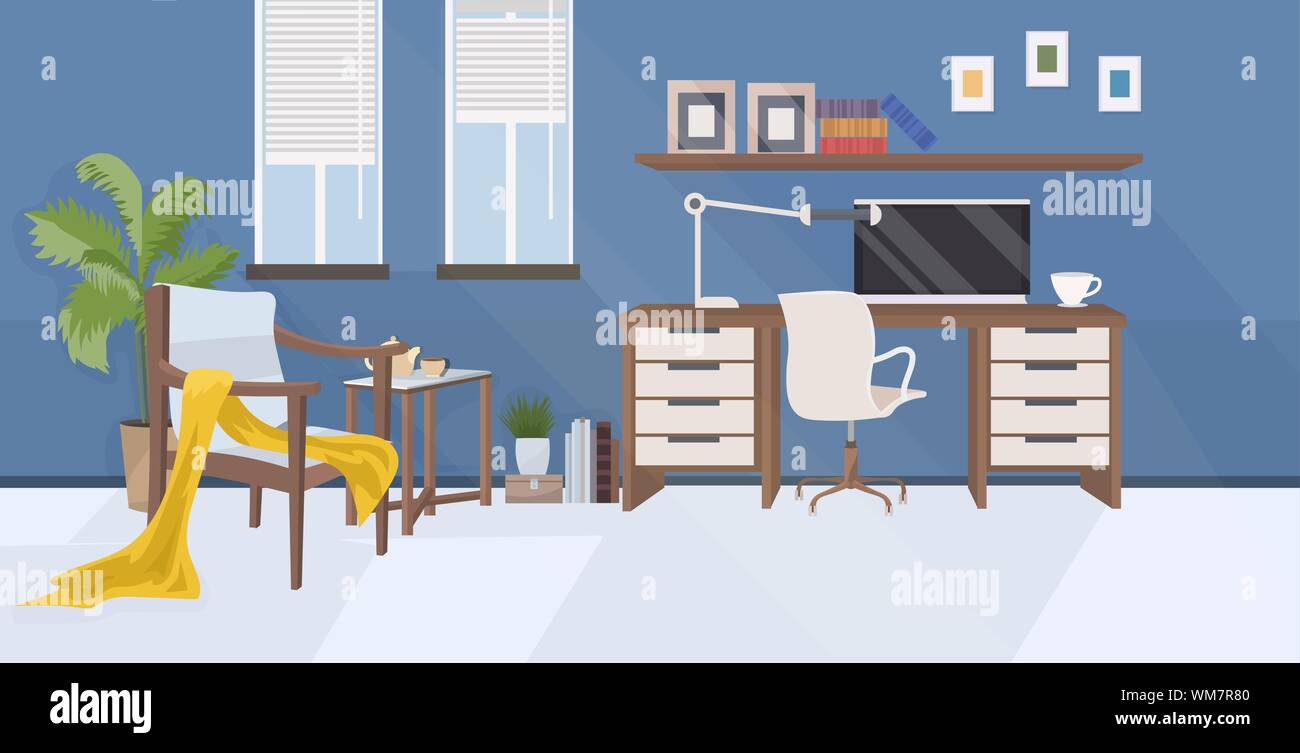 Stylish Workplace With Computer At Home Modern Living Room