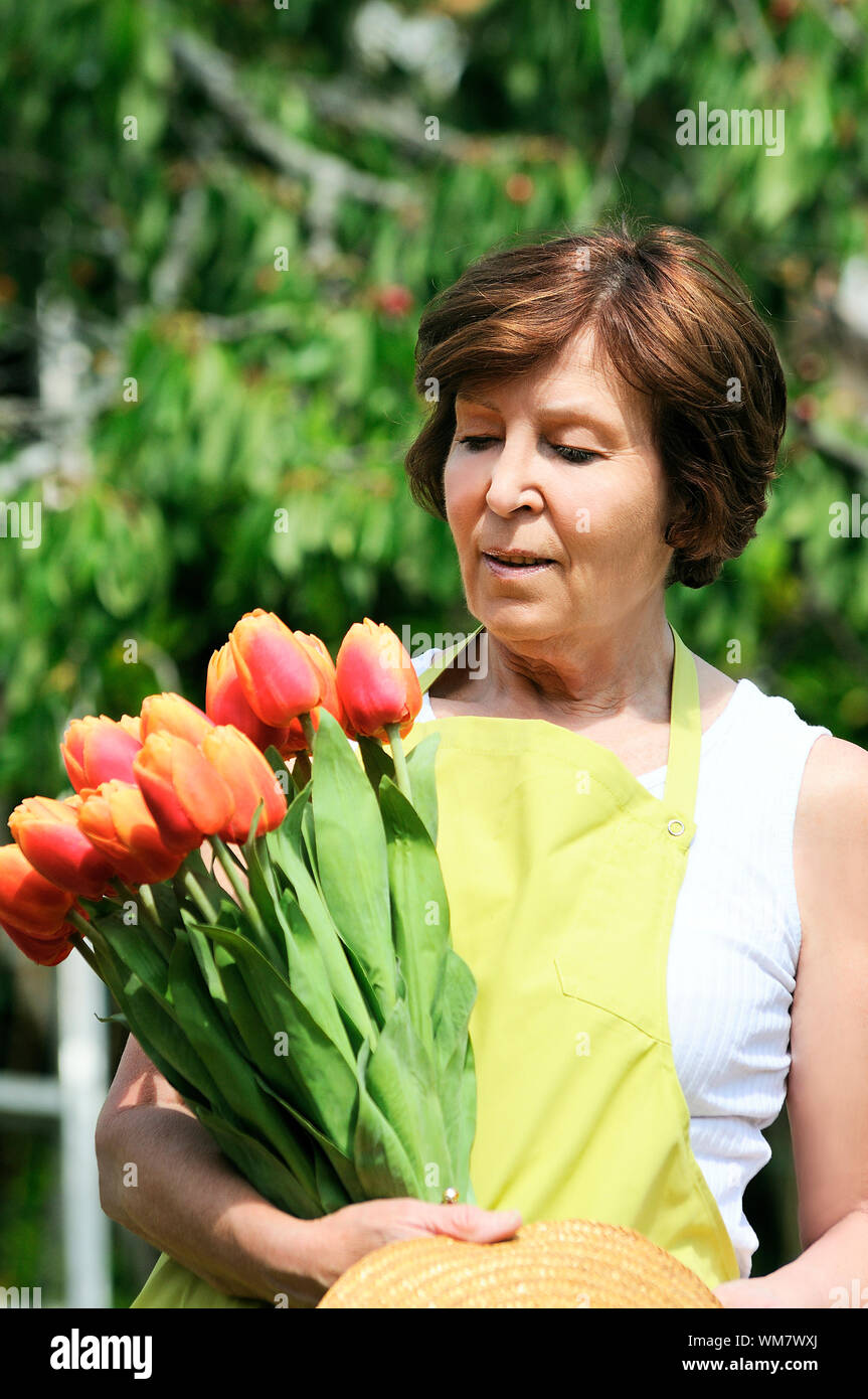 Senior woman holding gardening taking start-ups in his hands Stock Photo