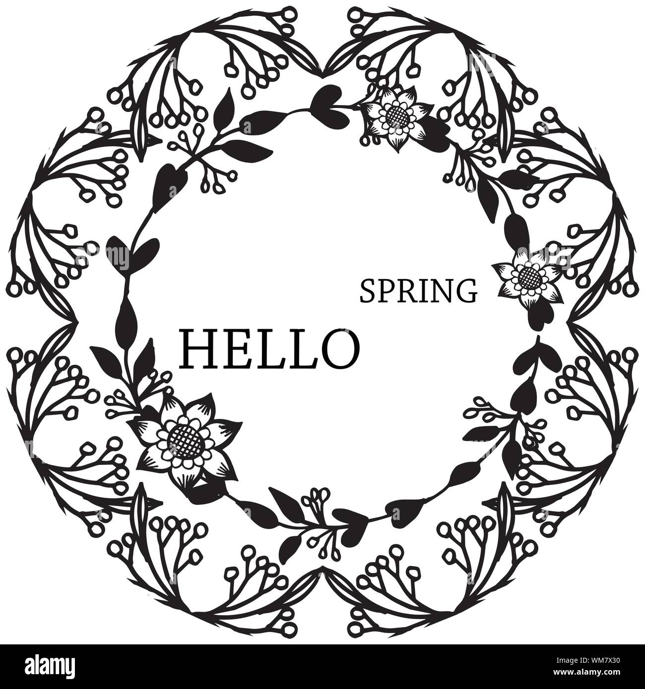 Hello spring lettering text with various crowd of leaf flower frame ...