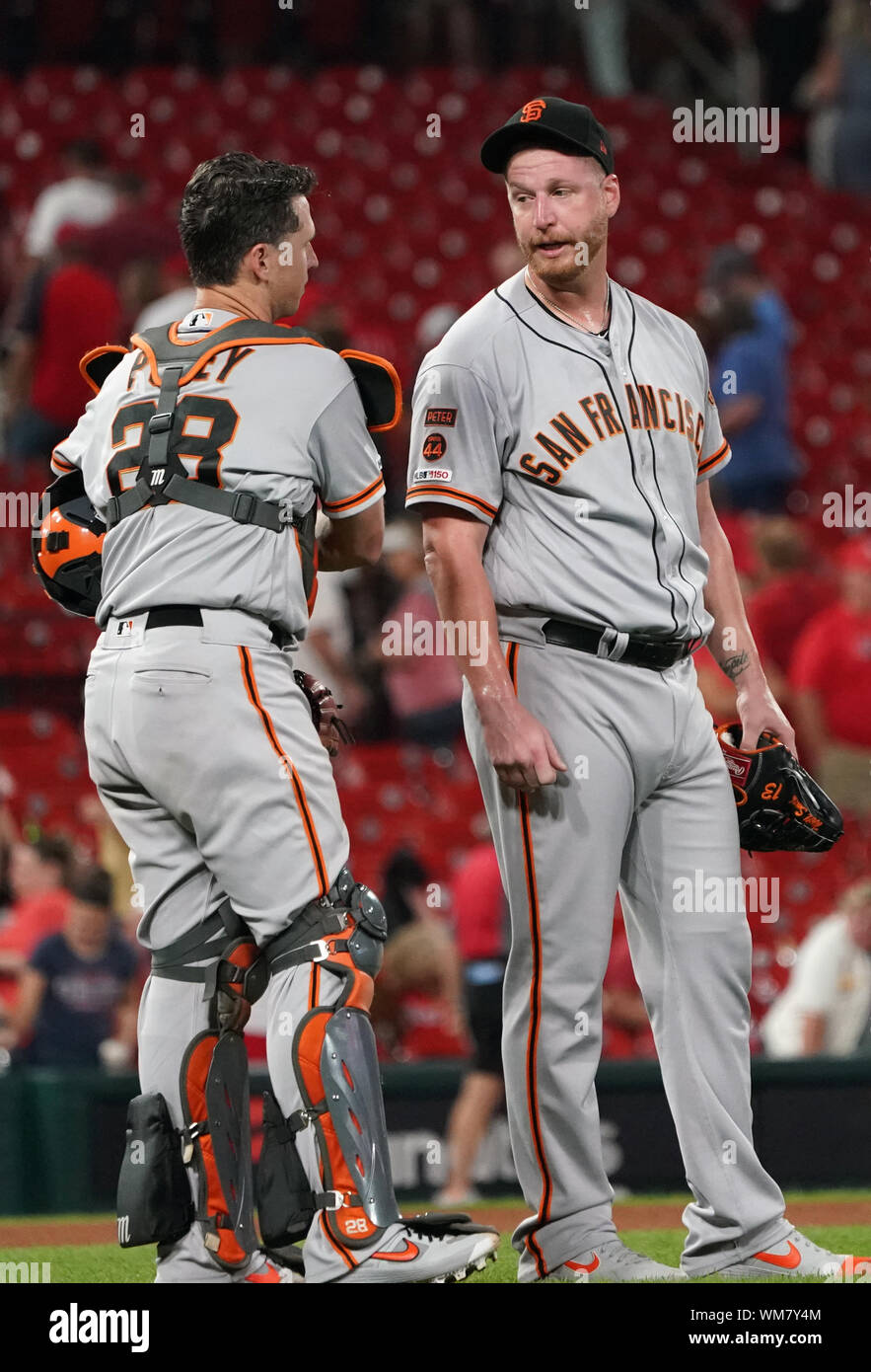 St. Louis, United States. 05th Sep, 2019. San Francisco Giants catcher Buster Posey talks with pitcher Will Smith after the third out and a 9-8 win over the St. Louis Cardinals at Busch Stadium in St. Louis on Wednesday, September 4, 2019. Photo by Bill Greenblatt/UPI Credit: UPI/Alamy Live News Stock Photo