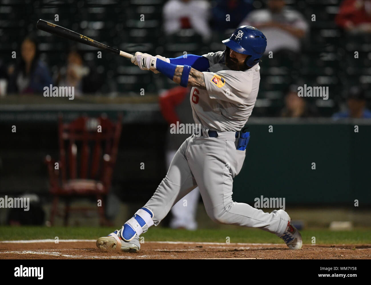Fargo, ND, USA. 4th Sep, 2019. St. Paul Saints infielder John Silviano (6)  hits the ball during the American Association Professional Baseball North  Division semi-final game between the St. Paul Saints and