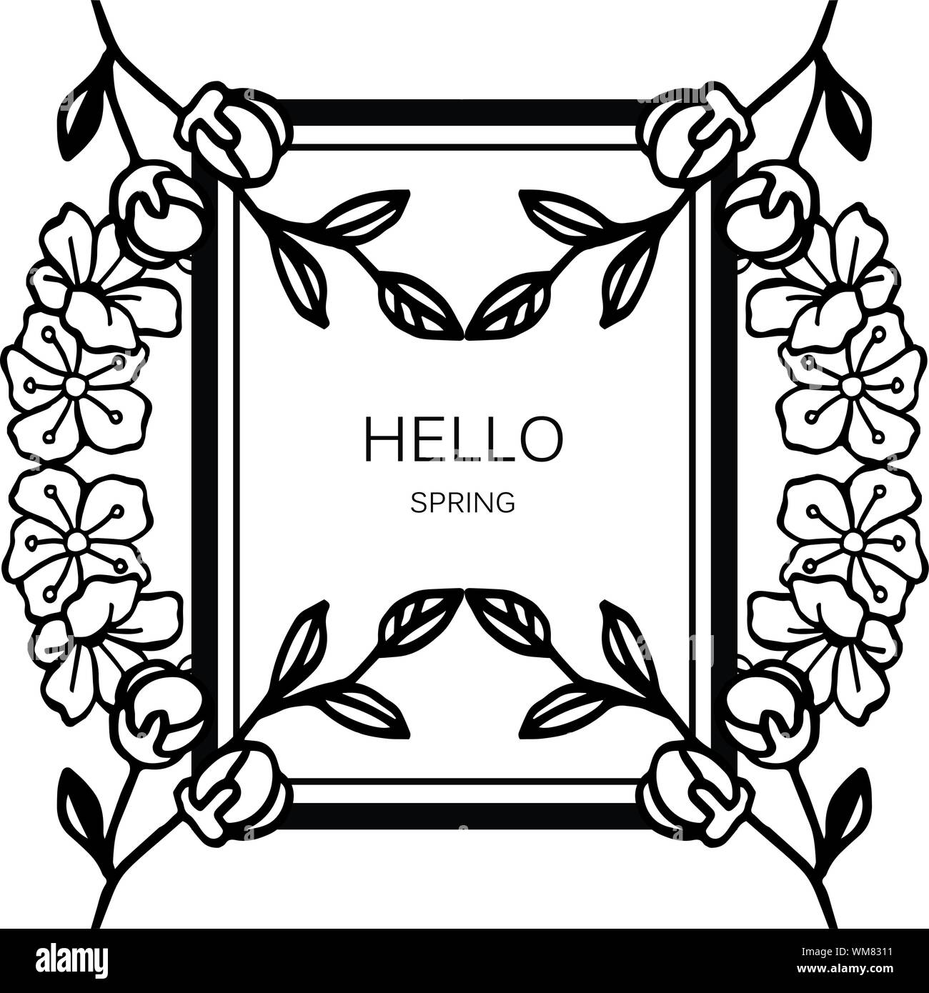 Hello spring lettering text with various crowd of leaf flower frame ...