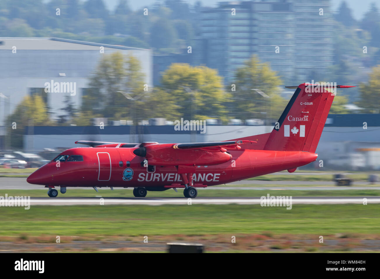 Transport Canada surveillance aircraft, Bombardier Dash-8 taking off from Vancouver Intl. Airport. Stock Photo