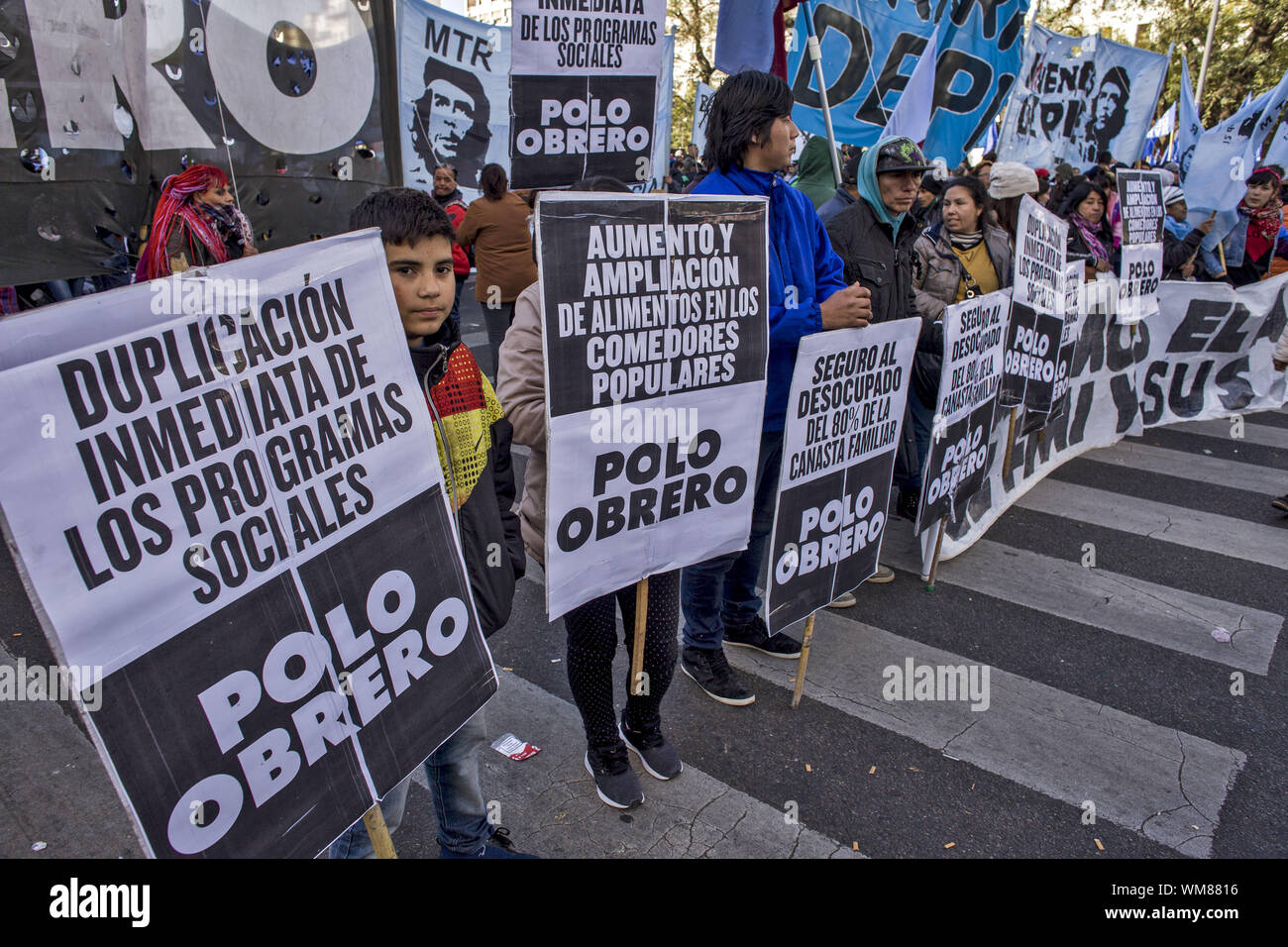 Buenos Aires, Federal Capital, Argentina. 4th Sep, 2019. Social and political organizations star in a day of protest, in the City of Buenos Aires, as a measure of force asking the national executive for the ''sanction of a food emergency law'' and the opening of social programs. From 10 in the morning he made a ''total cut of the 9 de Julio avenue (The main wine shop in the city of PorteÃ±a) with permanence for an indefinite period of time ''in demand of'' the opening of social programs, increased amounts and more and better food for popular dining rooms (Credit Image: © Roberto Almeida Stock Photo