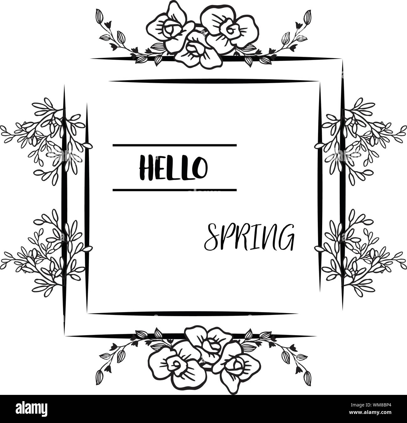 Hello spring greeting card with realistic sketch style of leaf floral ...