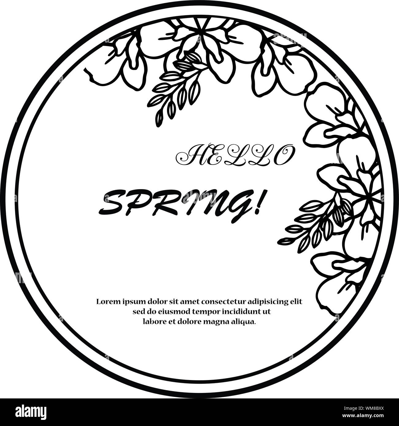 Handwritten lettering hello spring, elegant frame with texture of ...