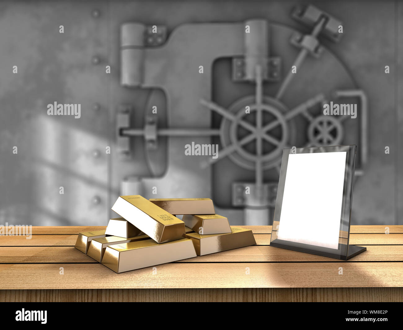 Table with gold bars and a vaul behind Stock Photo