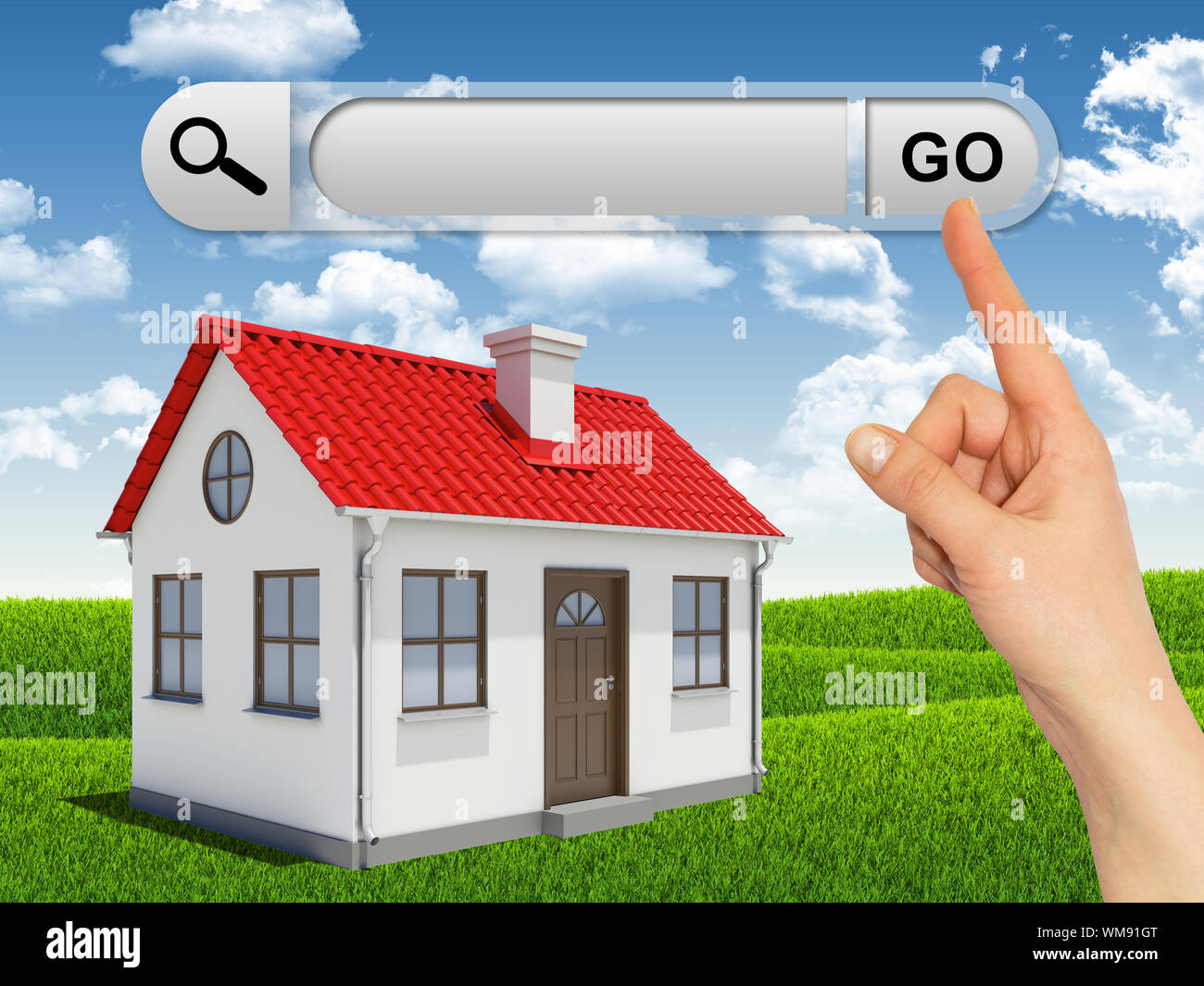 House and female hand pressing Go button at search bar above. Green ...