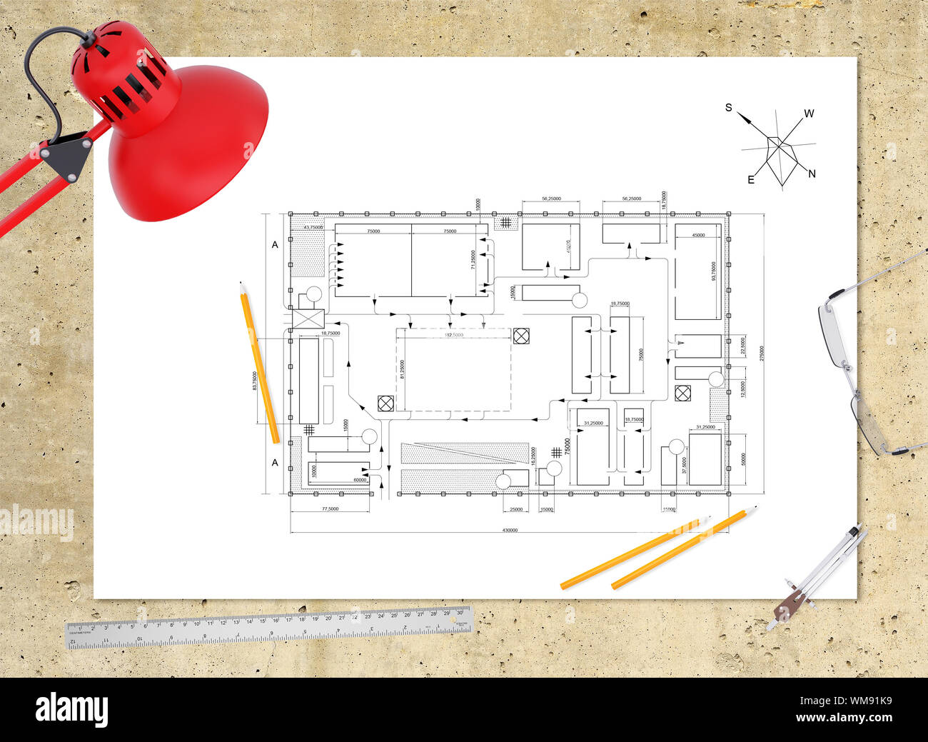 Technical plan of building on workplace. Table-lamp, ruler, pencils  compasses and eyeglasses around. Top view, on smooth stone surface Stock  Photo - Alamy