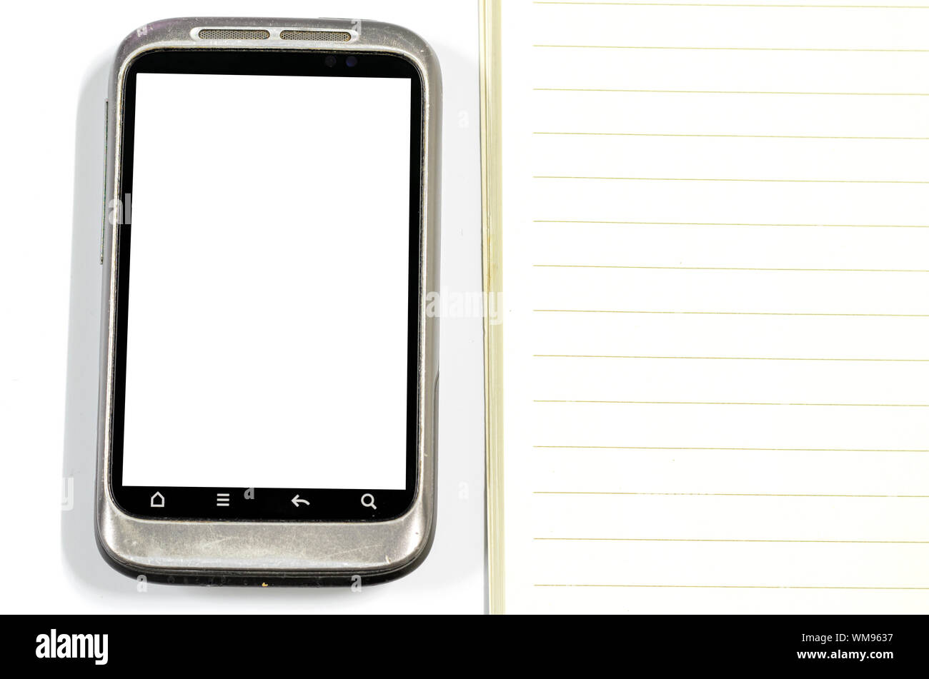 smartphone with note book on a white background Stock Photo - Alamy