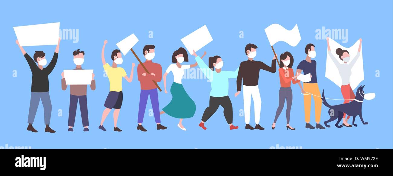 people protesters in face masks holding blank placards protesting against air nature pollution men women activists group with empty sign banners Stock Vector
