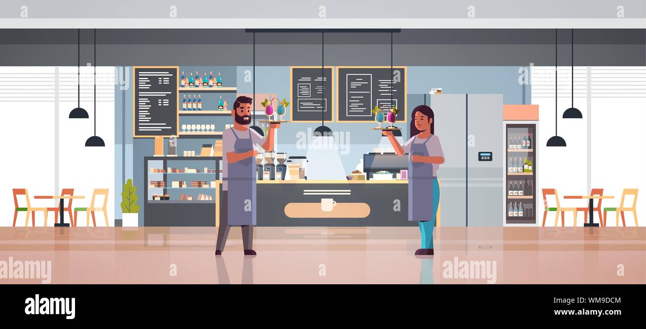 waiters couple holding serving trays with cocktails man woman restaurant workers in uniform carrying colorful alcohol drinks modern cafe interior flat Stock Vector
