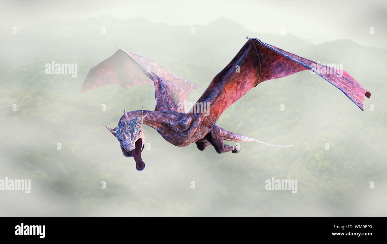 red dragon, giant fairy tale creature flying over a foggy forest Stock ...