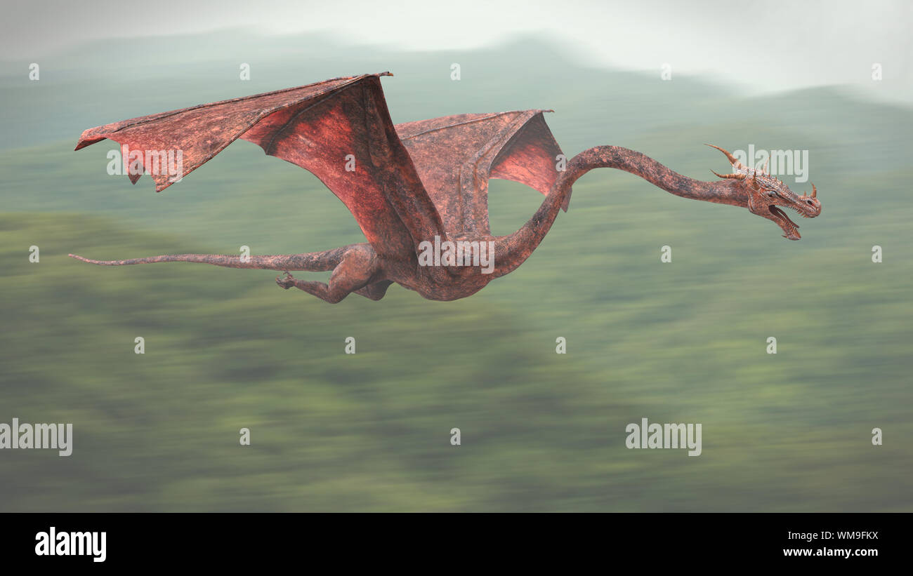 flying dragon, legendary creature above a forest landscape Stock Photo