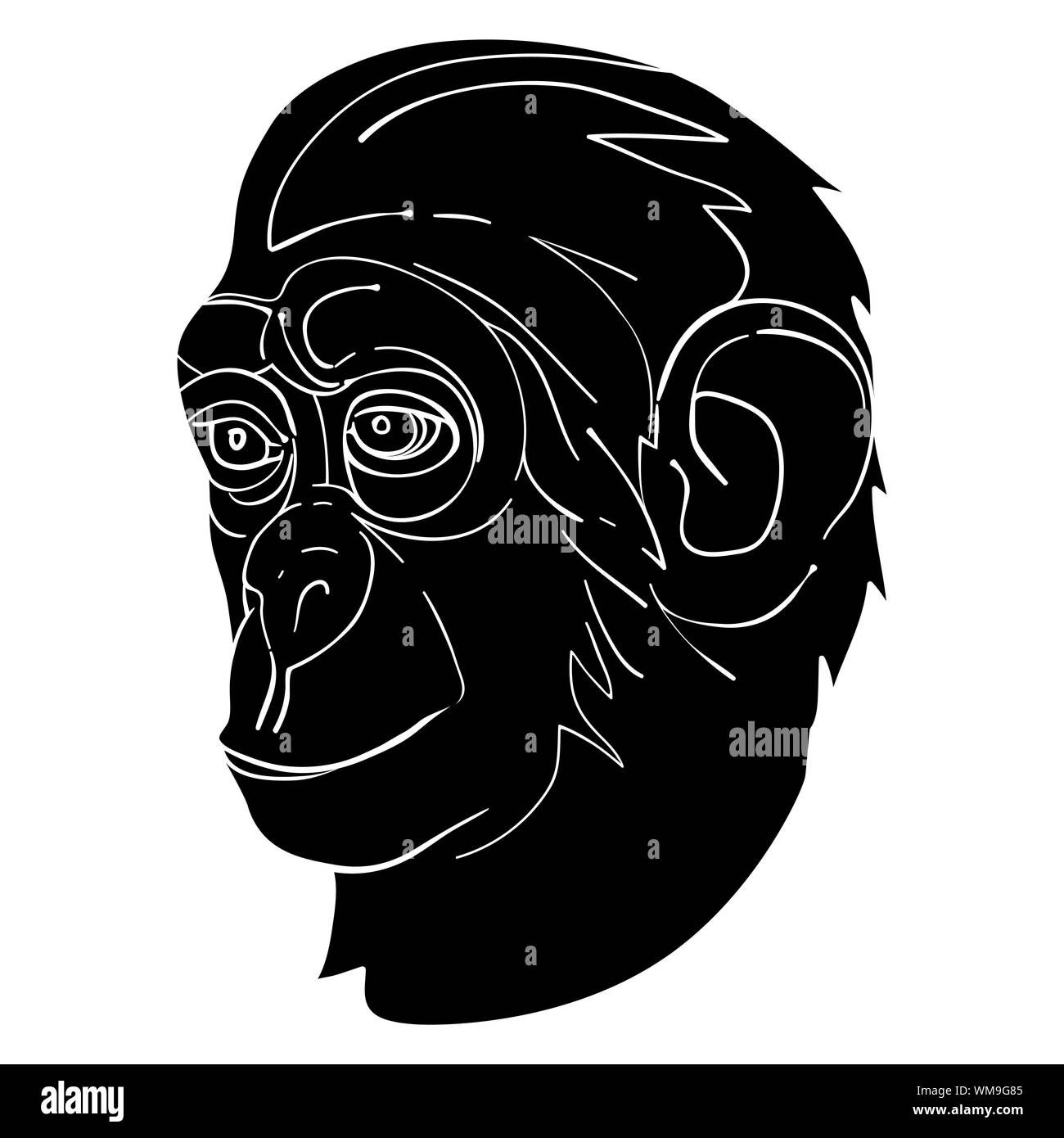 Monkey head avatar, Chinese zodiac sign, black silhouette isolated on white Stock Photo