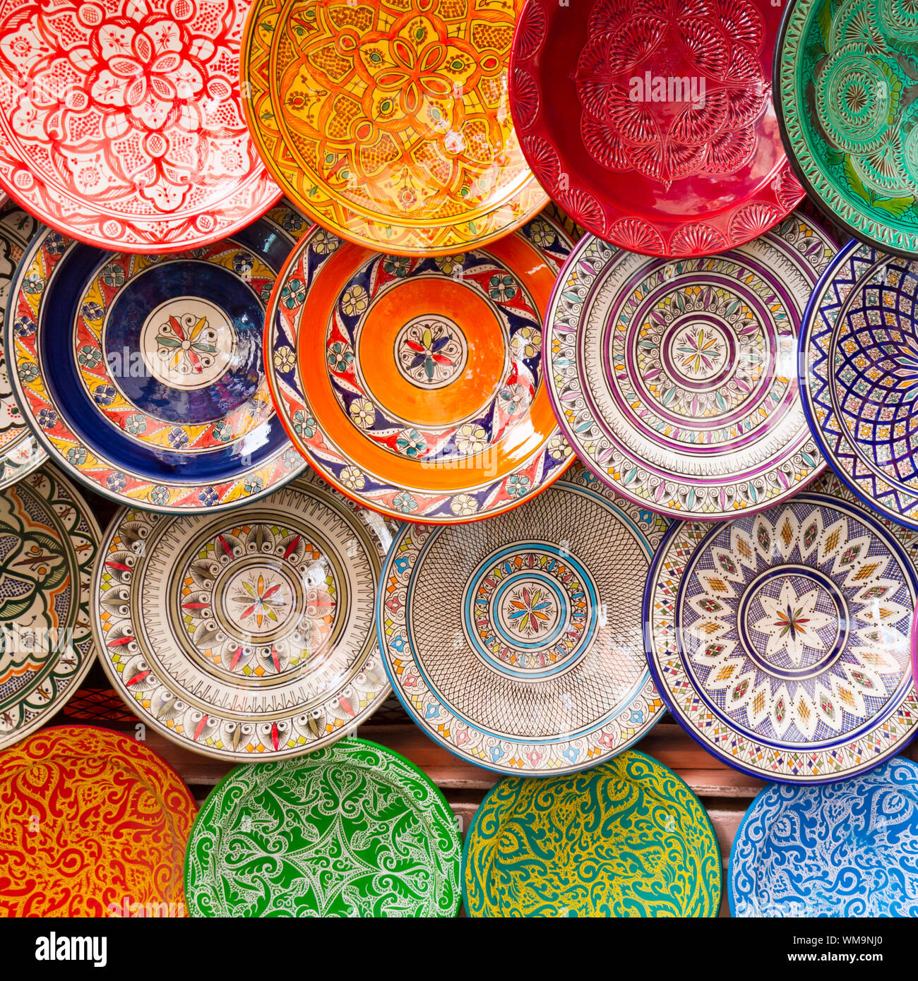 Traditional arabic colorful clay plates. Stock Photo