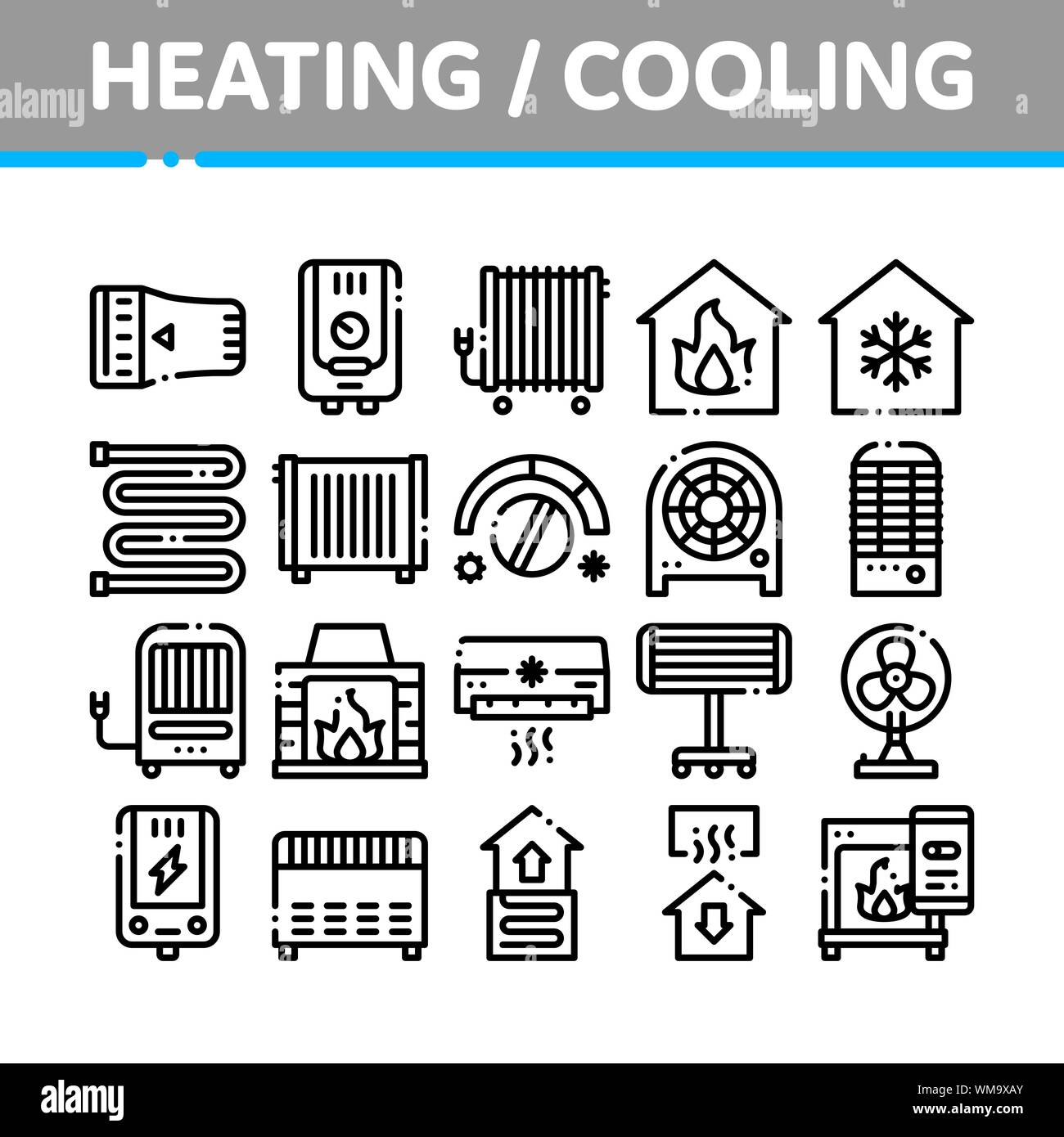 Heating And Cooling Collection Vector Icons Set Stock Vector