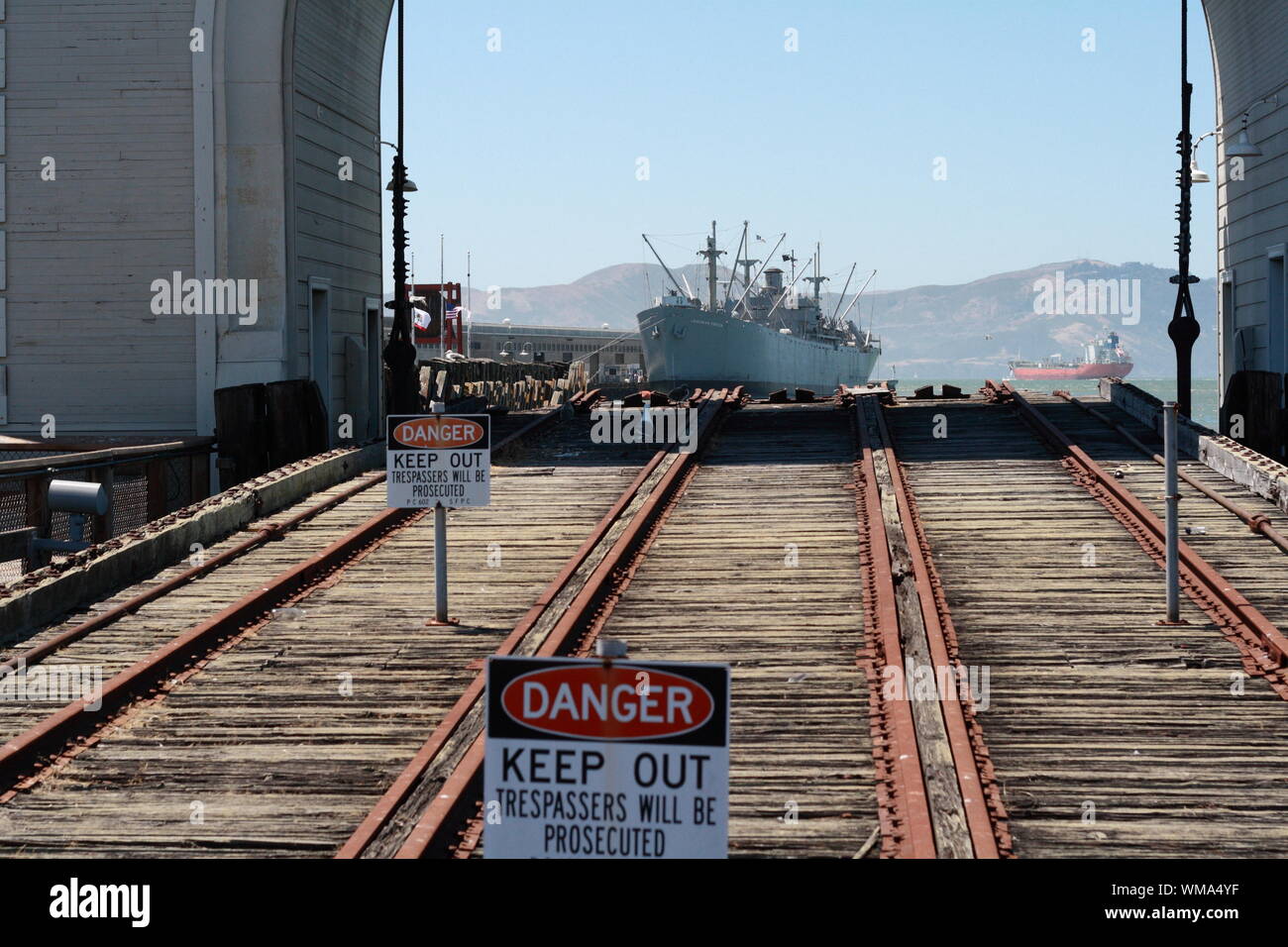 Warning Signs Against Ship Stock Photo Alamy