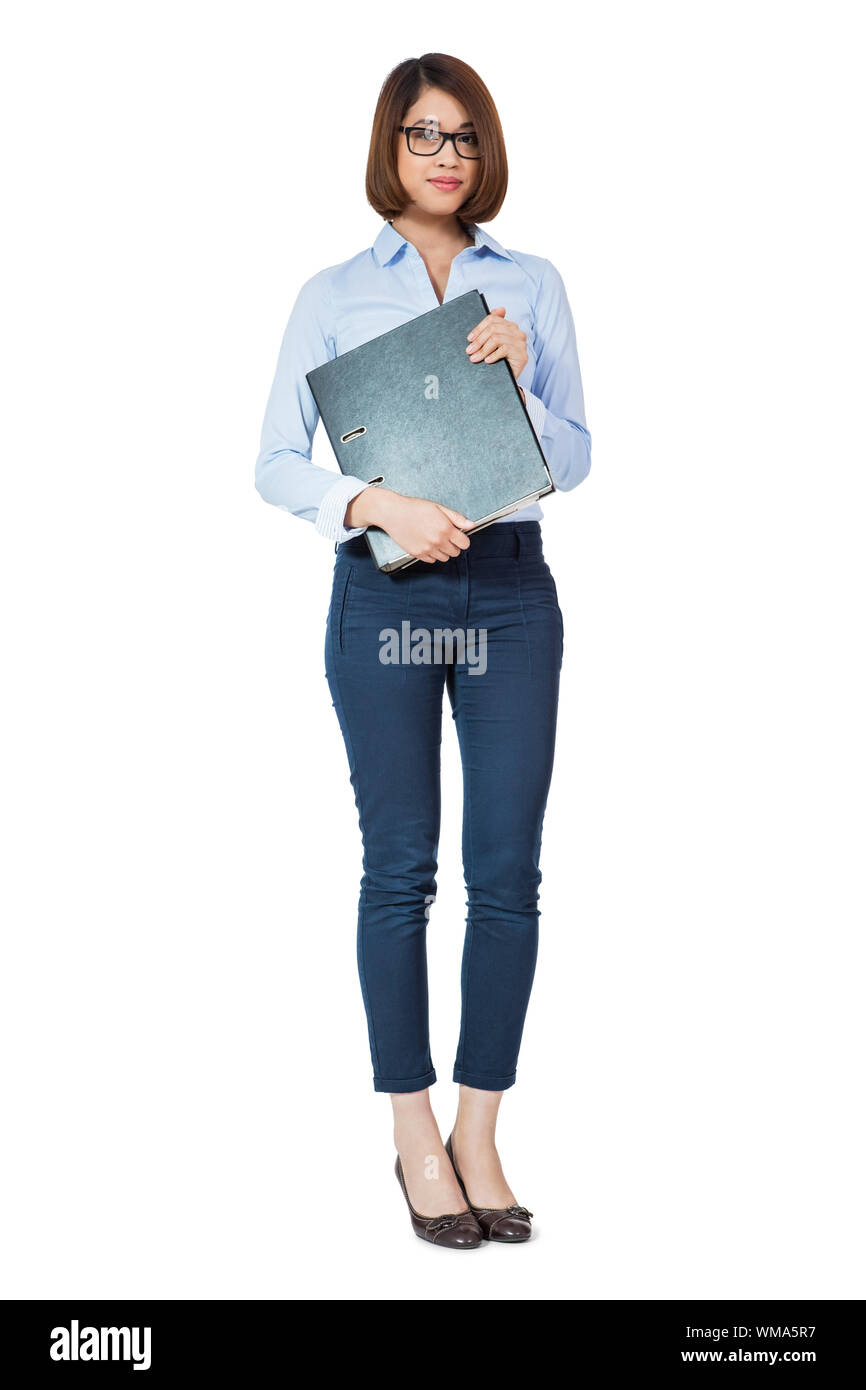 smiling young business woman with folder portrait isolated Stock Photo ...