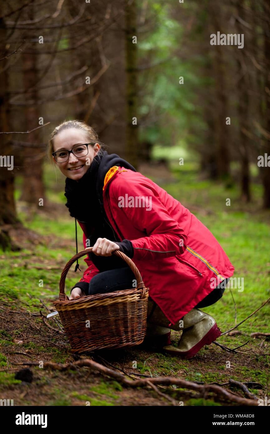 young woman collecting mushrooms in forest autumn nature Stock Photo