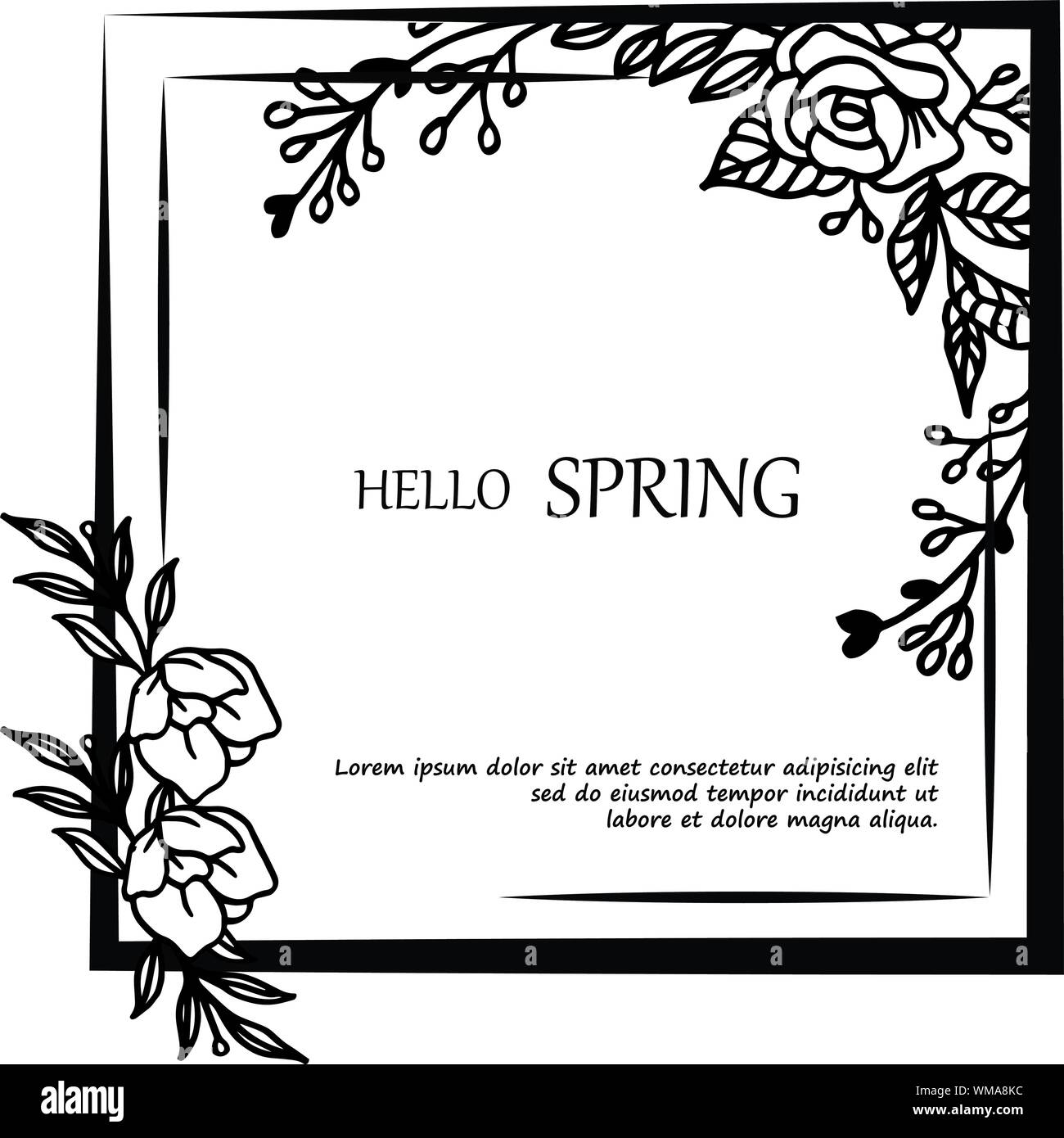 Hello spring greeting card with realistic sketch style of leaf floral ...