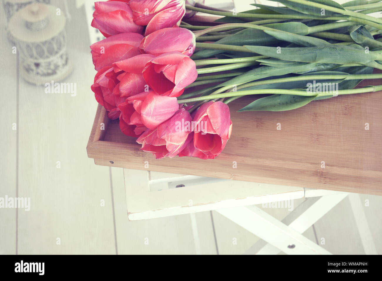 Vintage Shabby Chic Photo Of Bouquet Of Spring Tulips On A Wooden