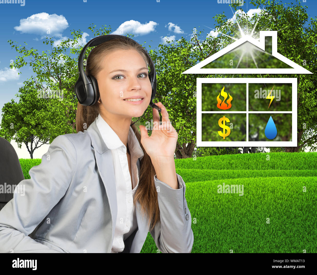 Businesswoman in headset, sitting on chair, her hand on microphone, looking at camera, smiling. Symbols of public utilities in house-shaped frame besi Stock Photo