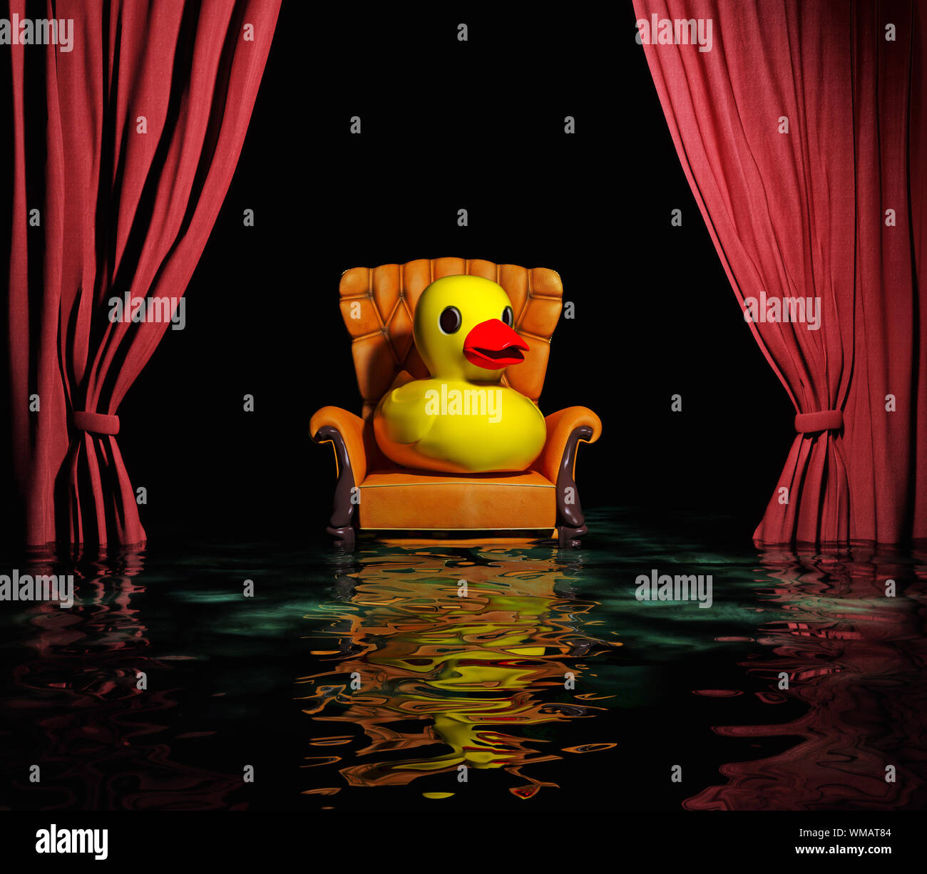 rubber duck on the luxury leather armchair and red curtain above ...