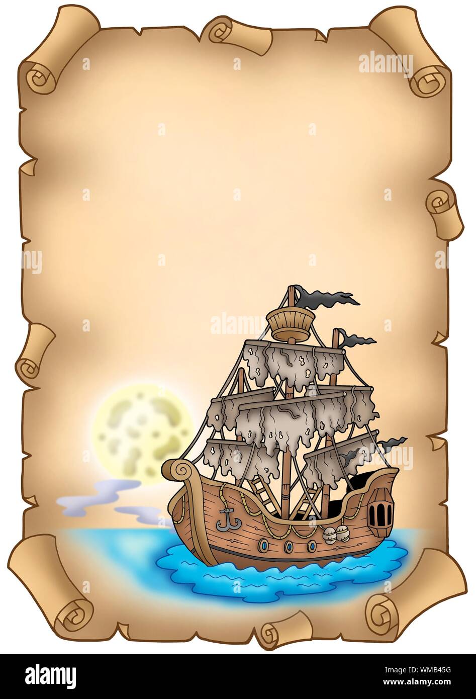 Old scroll with mysterious ship - color illustration Stock Photo - Alamy
