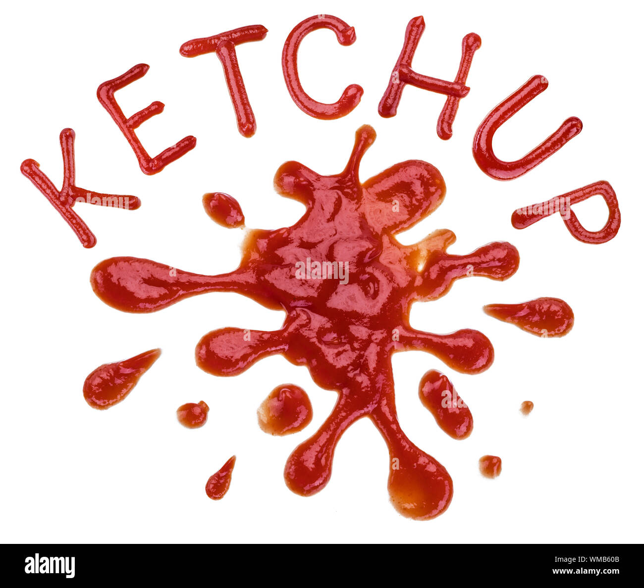 Ketchup or tomato sauce puddle with a word ketchup on white background