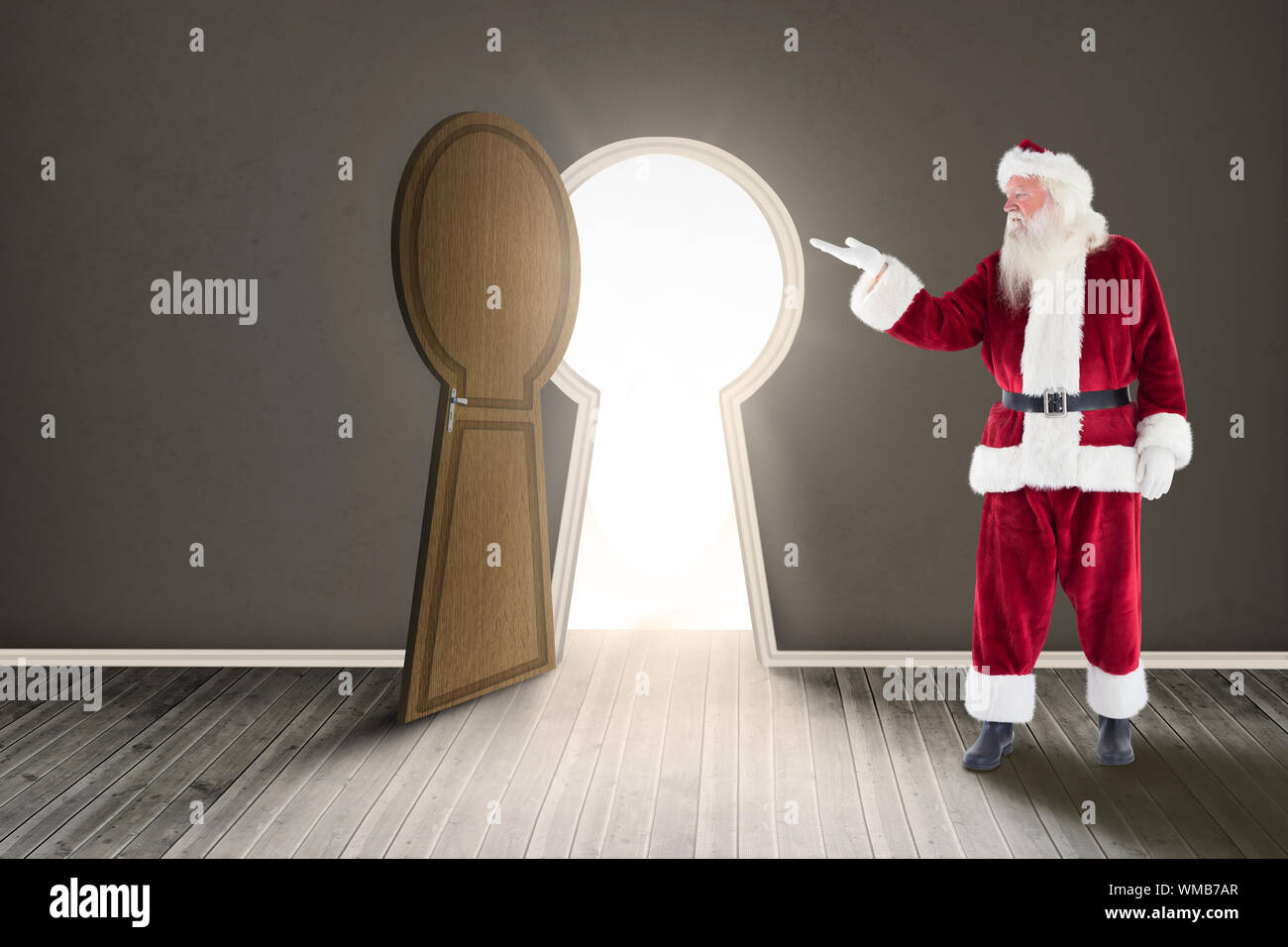 Santa Shows Something To Camera Against Open Bright Keyhole Door