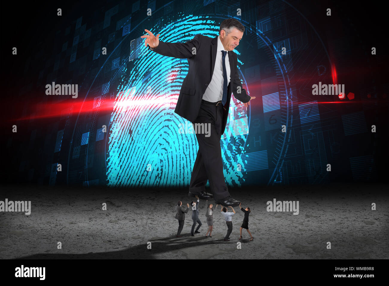 Business people supporting boss against fingerprint security interface Stock Photo